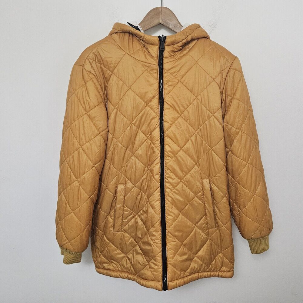 SANCTUARY Women's Yellow Long Hooded Puffer Jacket Fleece Inside Size S